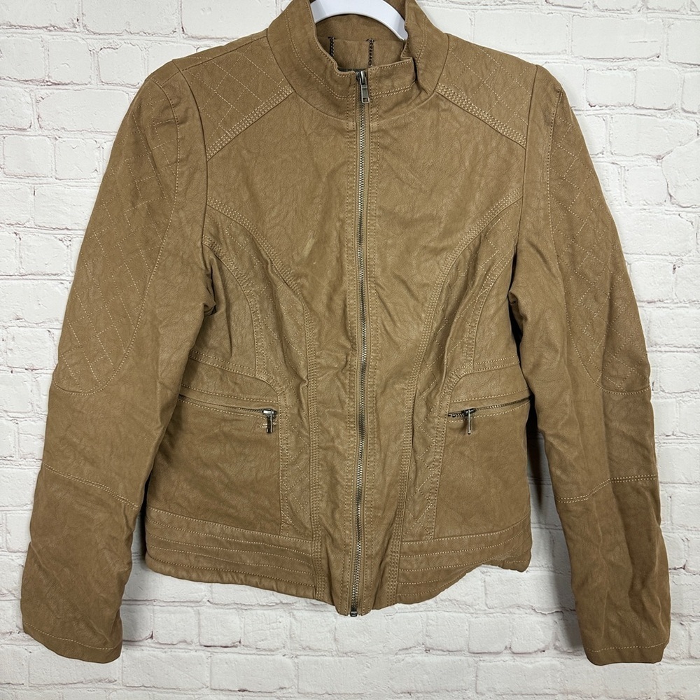 LA Coalition Faux Leather Quilted Accent Womens‎ lined Moto Jacket sz L GUC